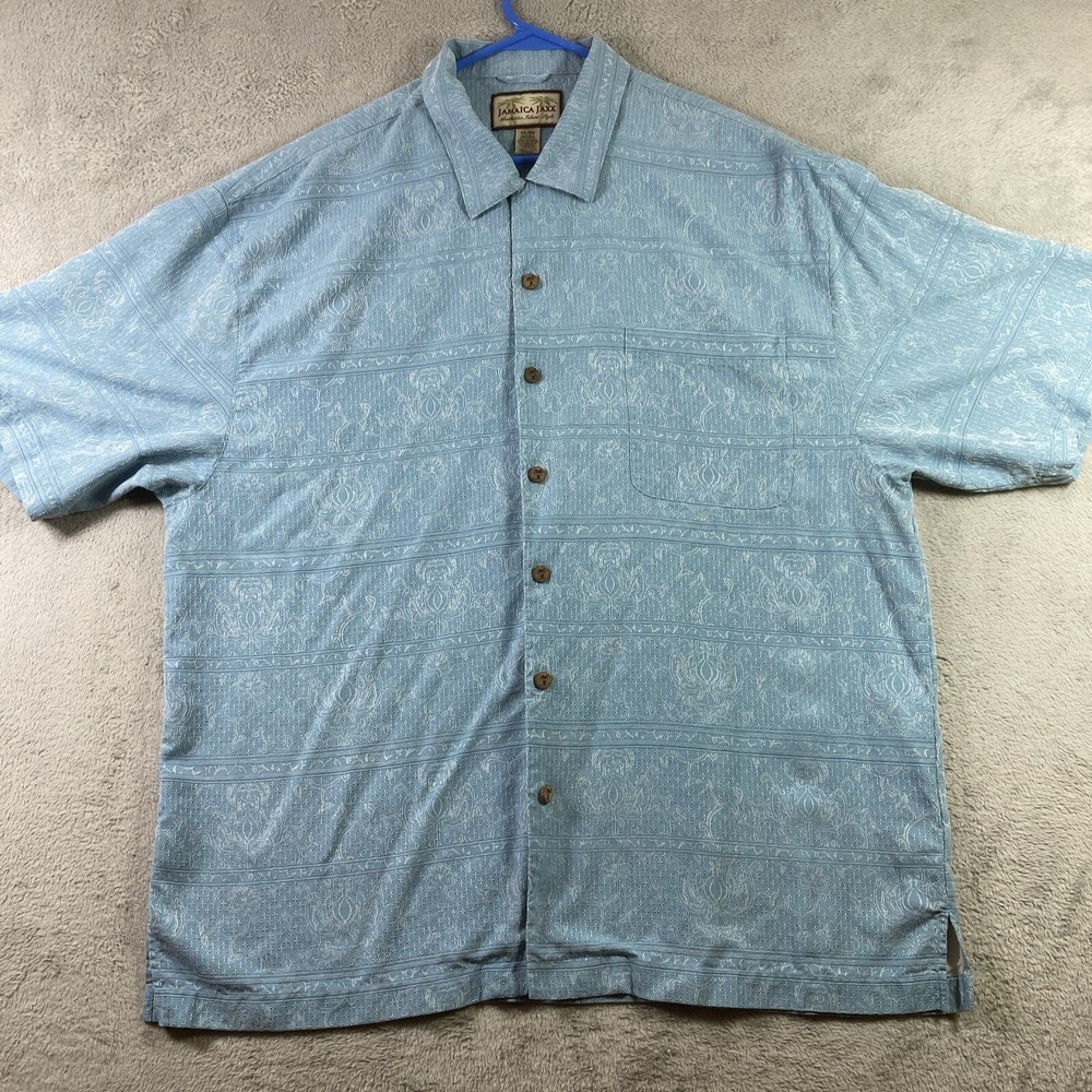 Jamaica Jaxx Shirt Men XL Blue Hawaiian Silk Button Up Short Sleeve Casual